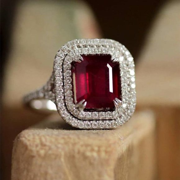 Radiant Cut CZ Ruby Gemstone 925 Silver Plated Vintage Ring for Women, L005 - Picture 3 of 3